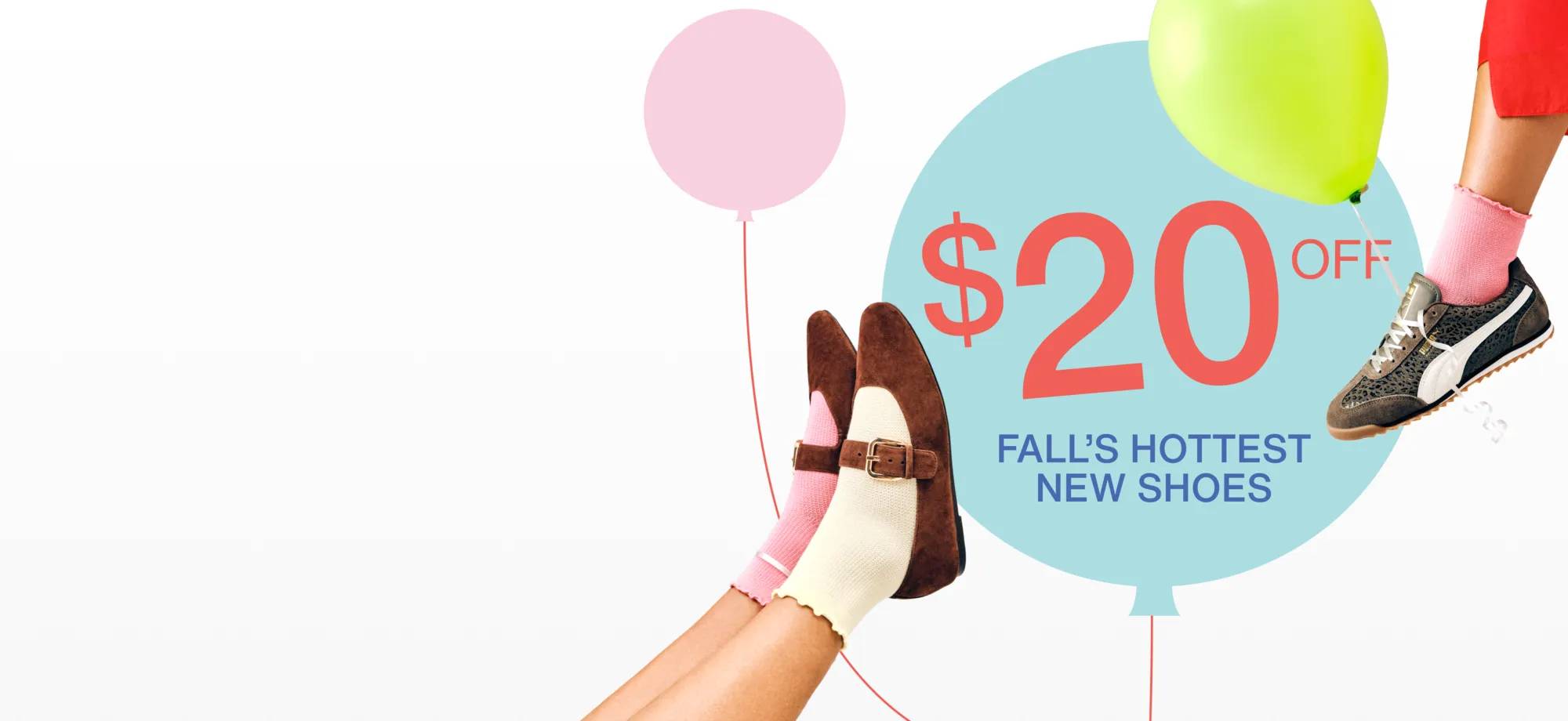 Featuring a green and pink balloon with shoes surrounding them.