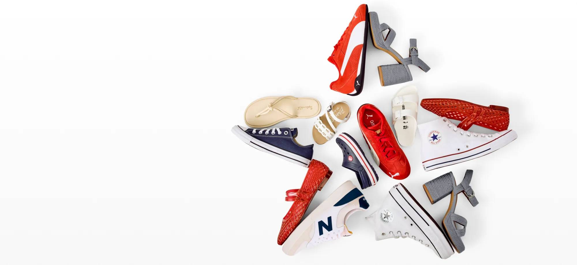 Featuring an assortment of red, white, and blue shoes.
