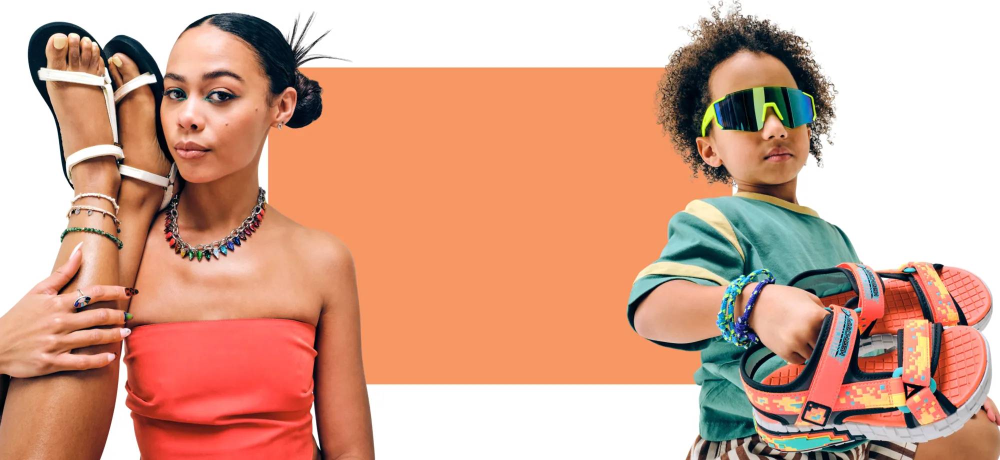 Featuring a girl and a young boy holding up sandals for vacation.