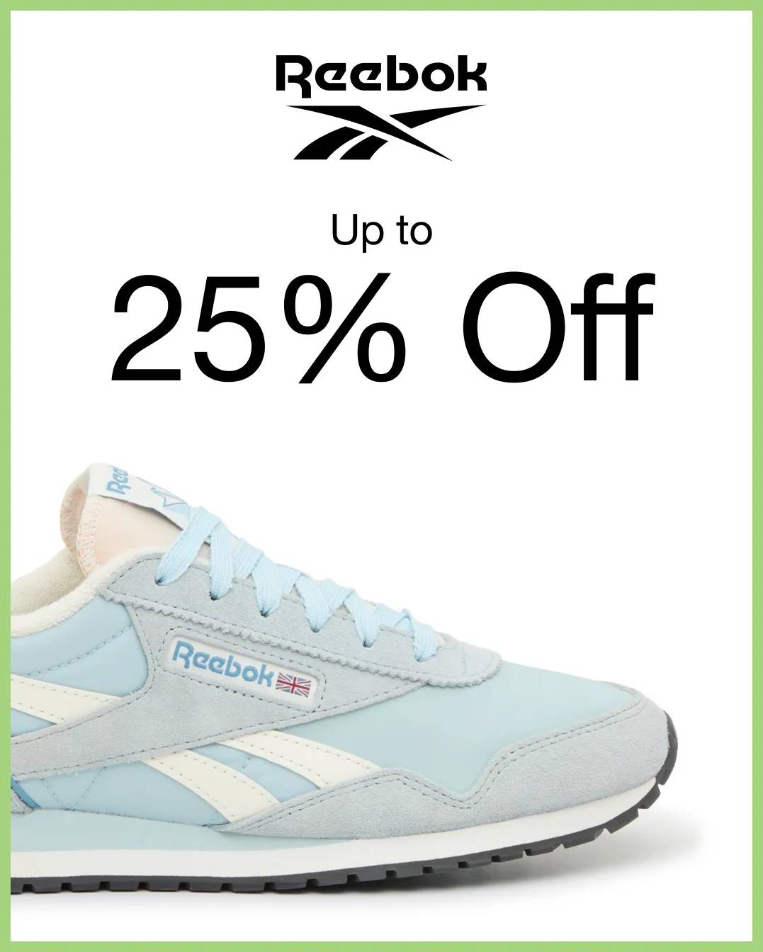 Featuring a blue Reebok sneaker.