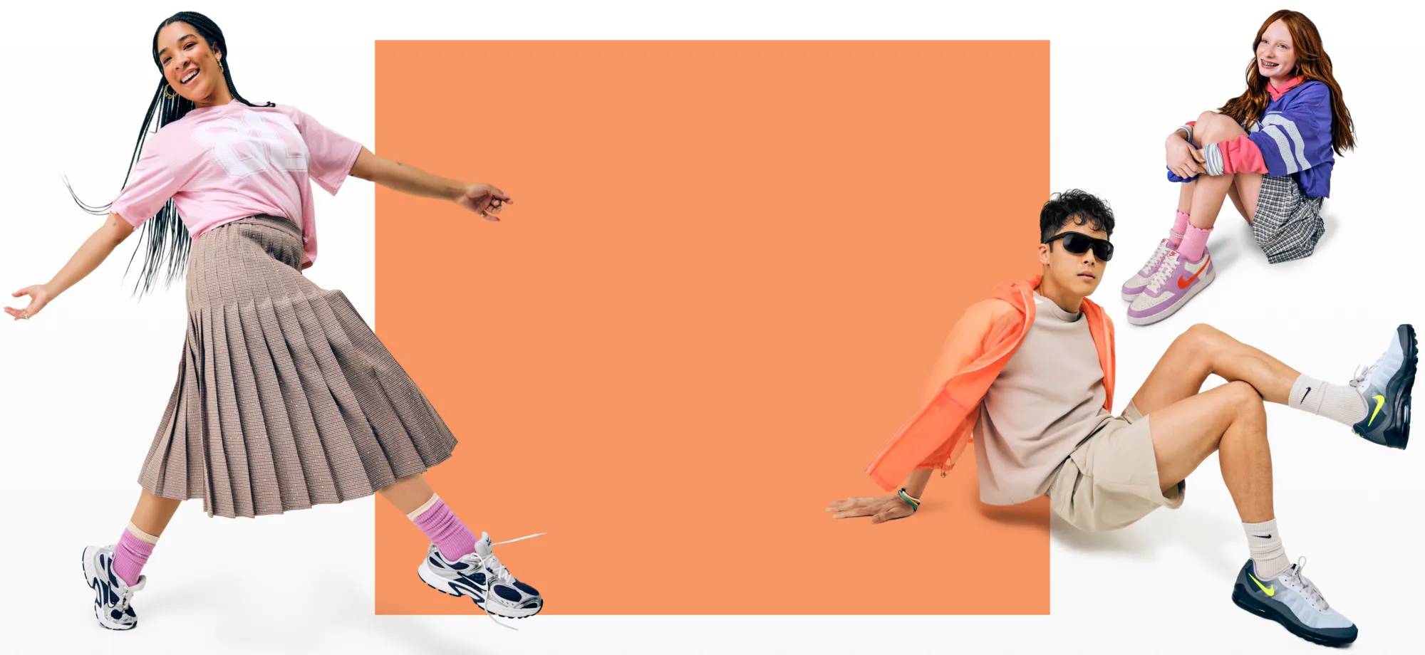 Featuring three models wearing Nike sneakers.