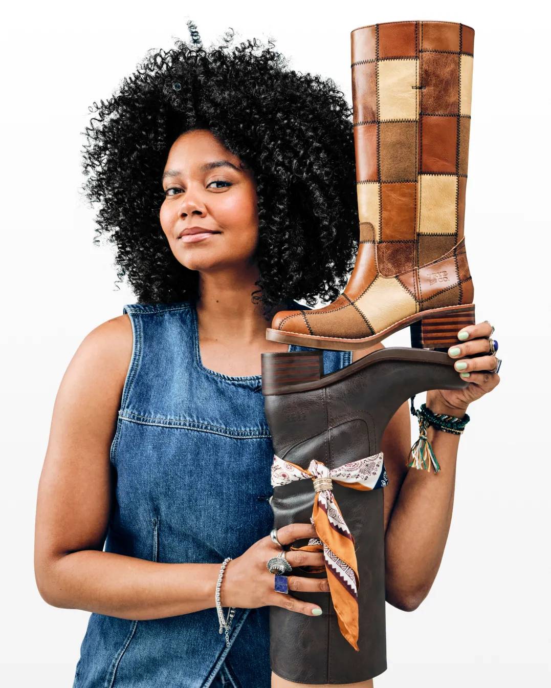 Featuring a woman with two pairs of boots