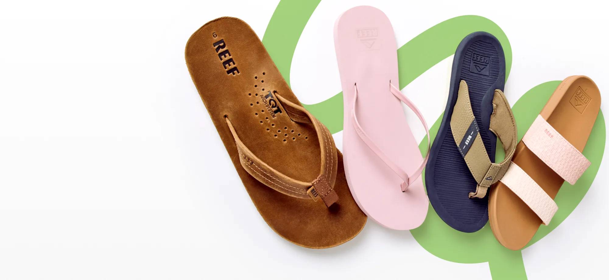 Featuring an assortment of Reef sandals.
