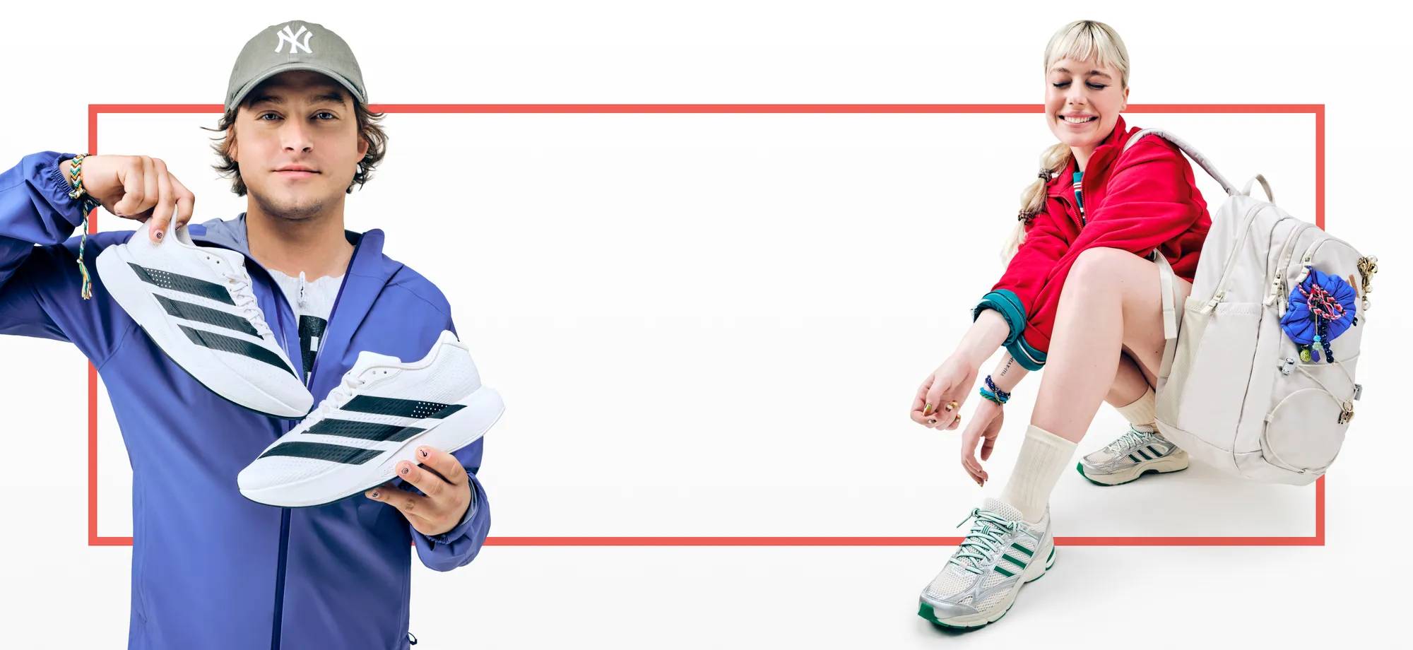 Featuring a guy and a girl sporting Adidas sneakers about to head back to campus.