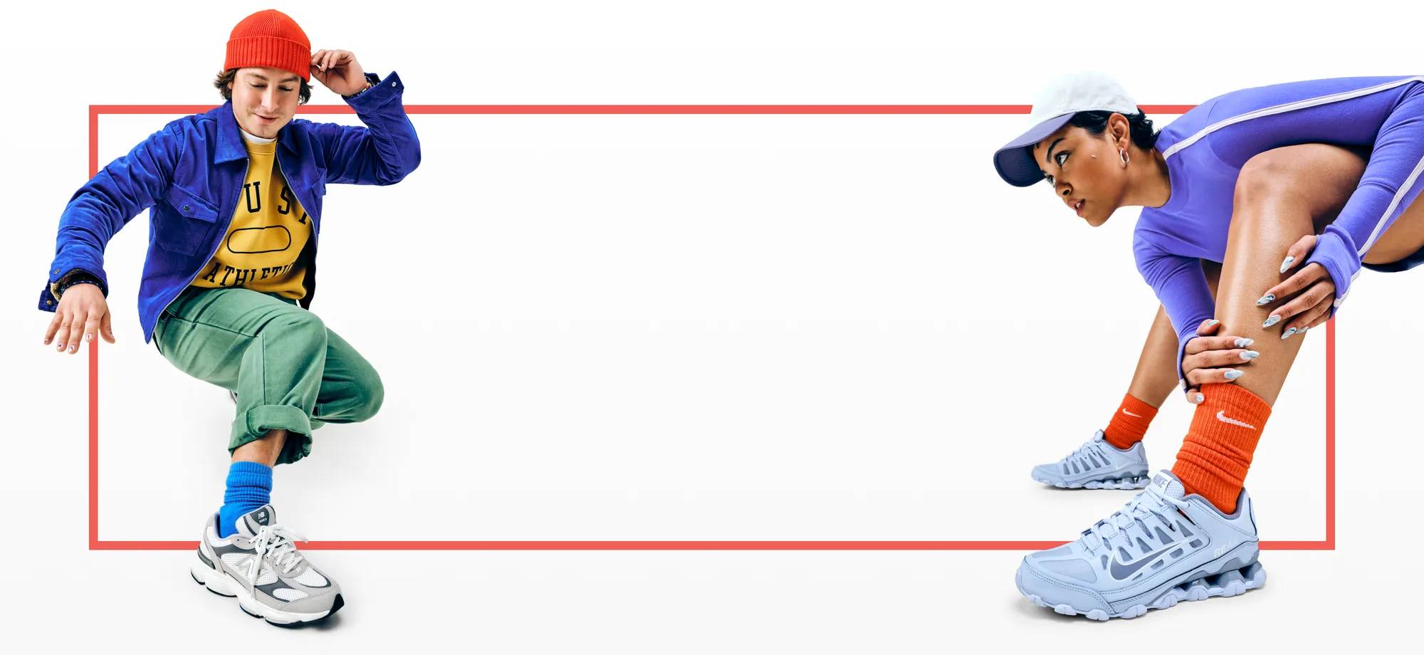Featuring a man and a woman wearing athletic gear and sneakers.
