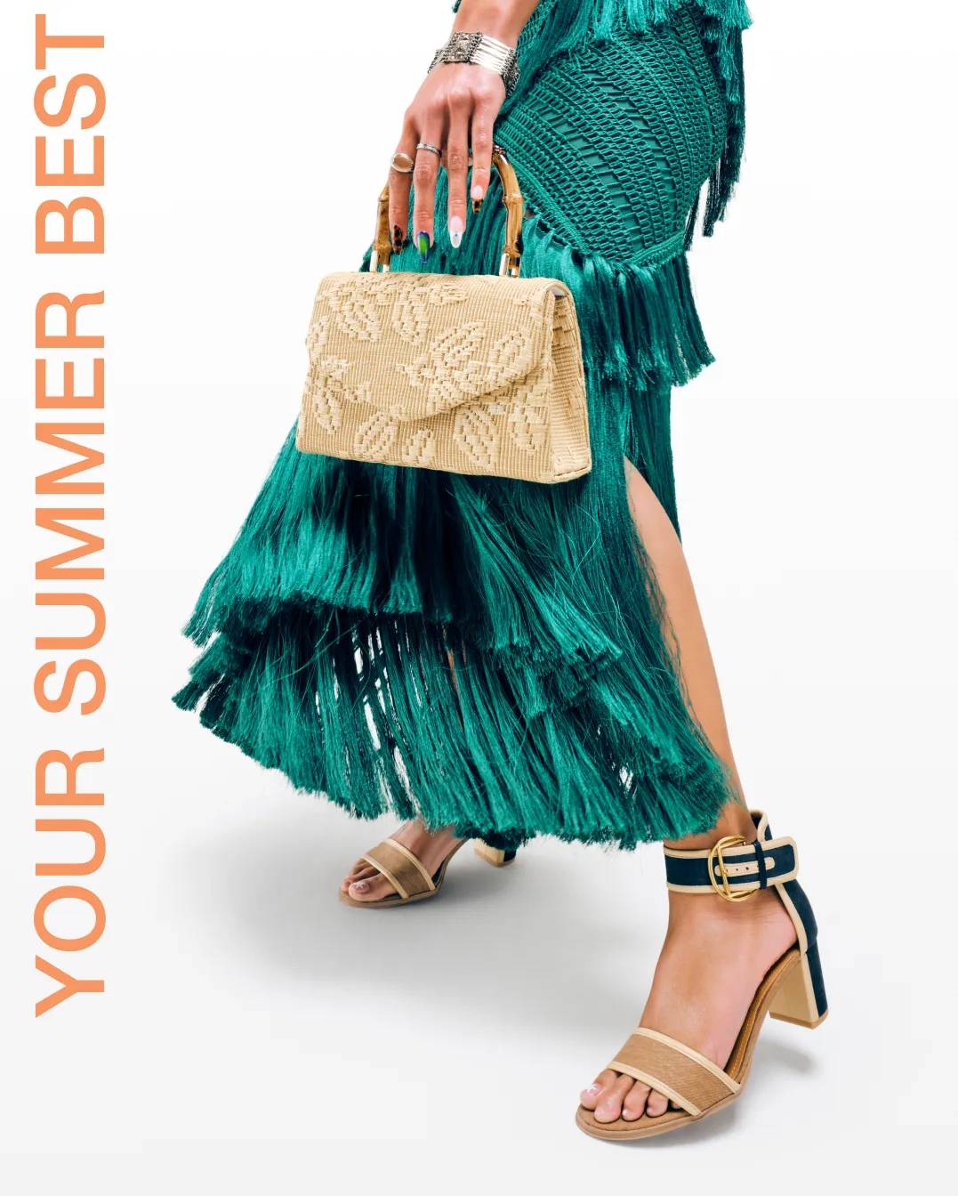 Featuring a woman wearing an emerald green dress and strappy dressy sandals.