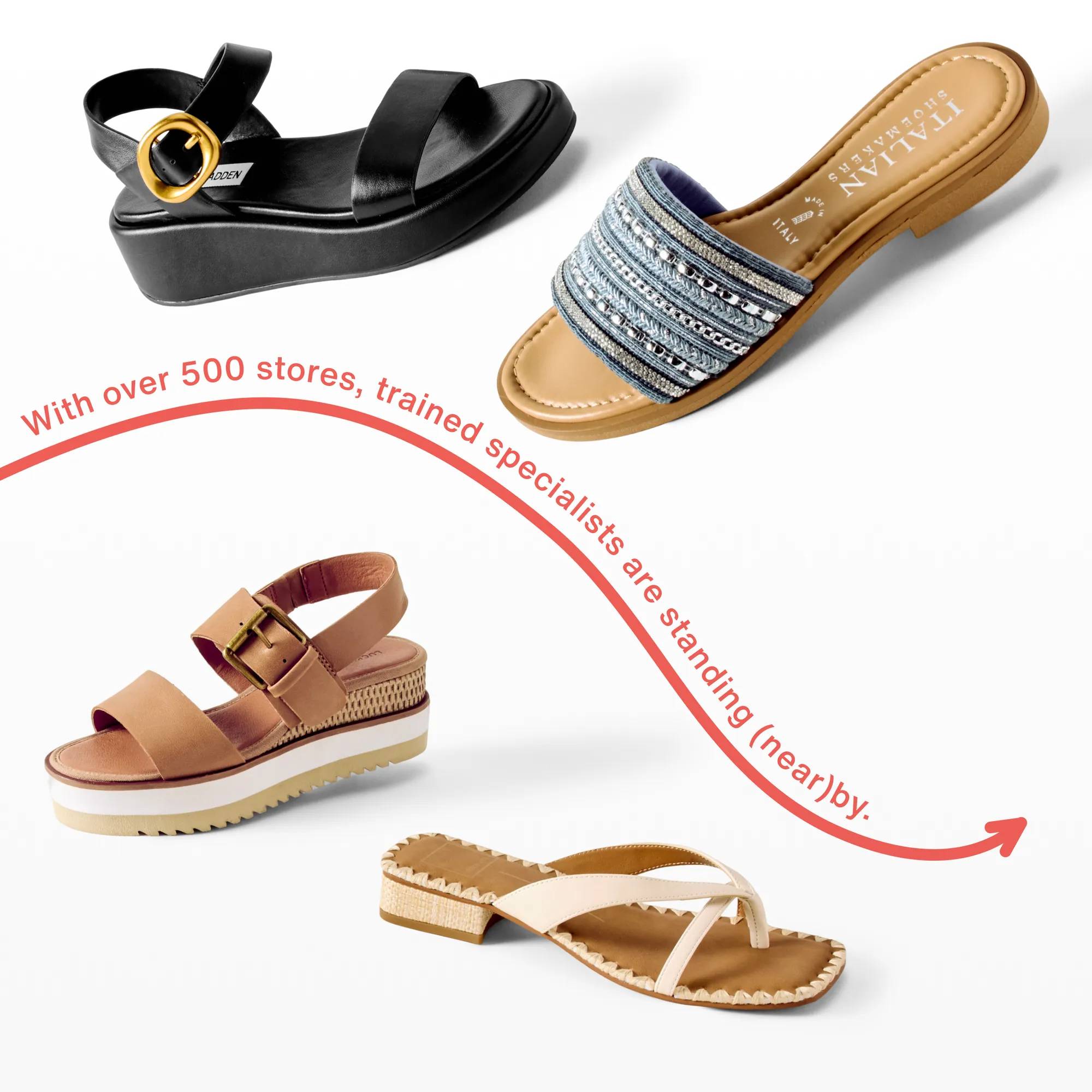 Featuring an assortment of sandals.