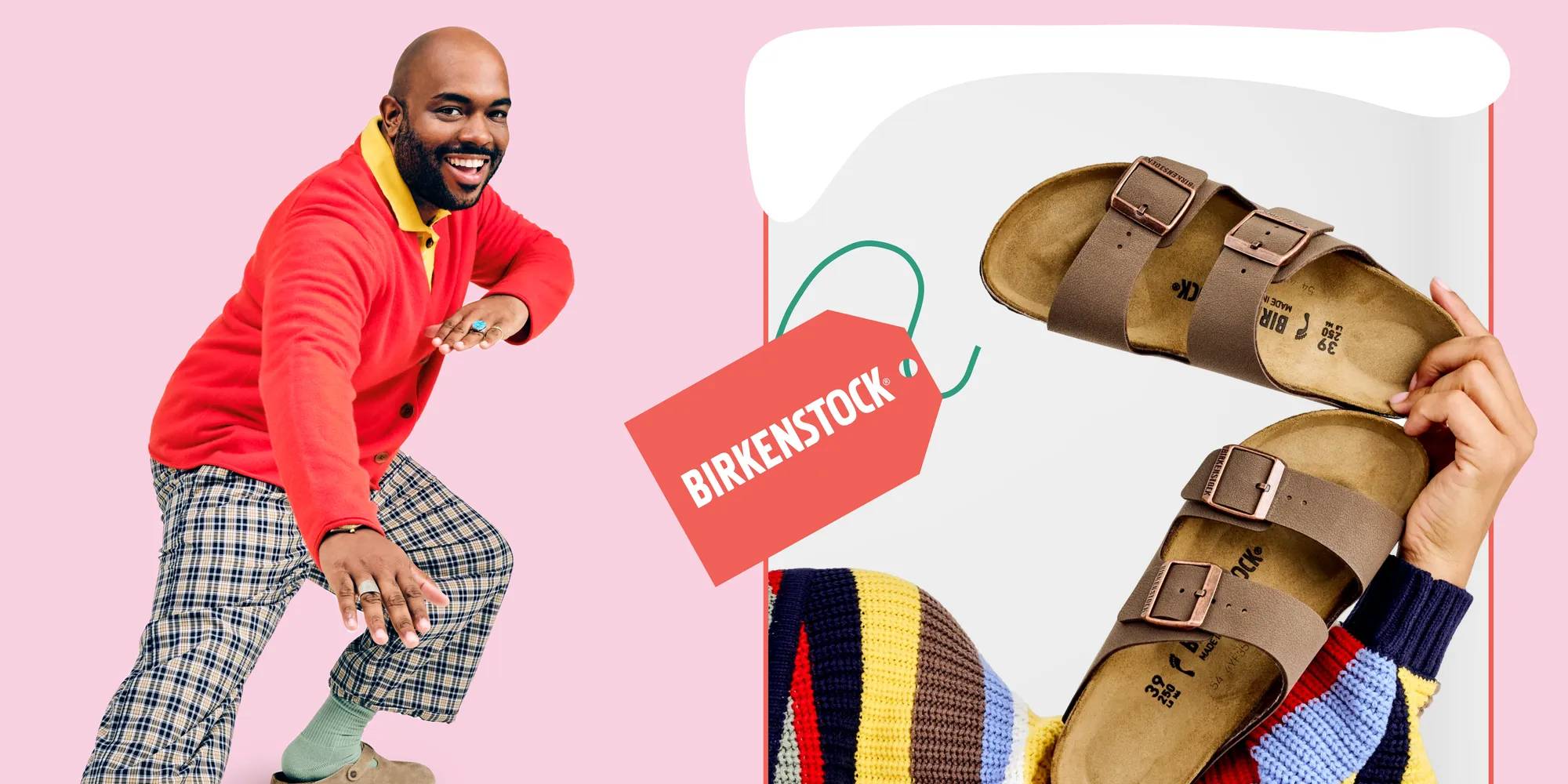 Featuring a model styling Birkenstock clogs.