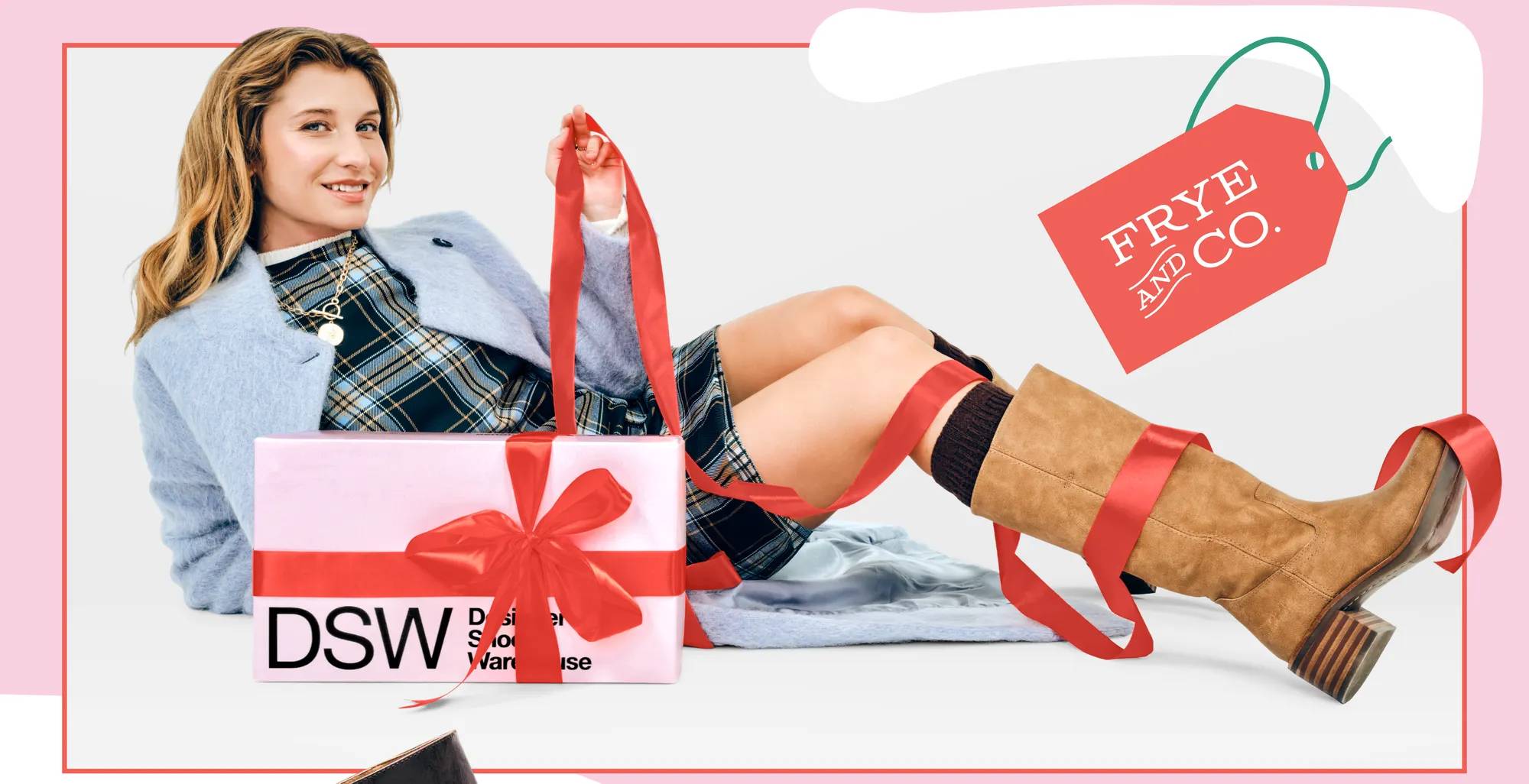 Featuring a female model with a shoebox from DSW wrapped for the holidays.