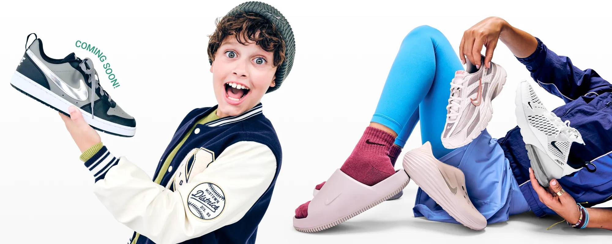 Featuring a a young kid and an assortment of shoes from Nike.