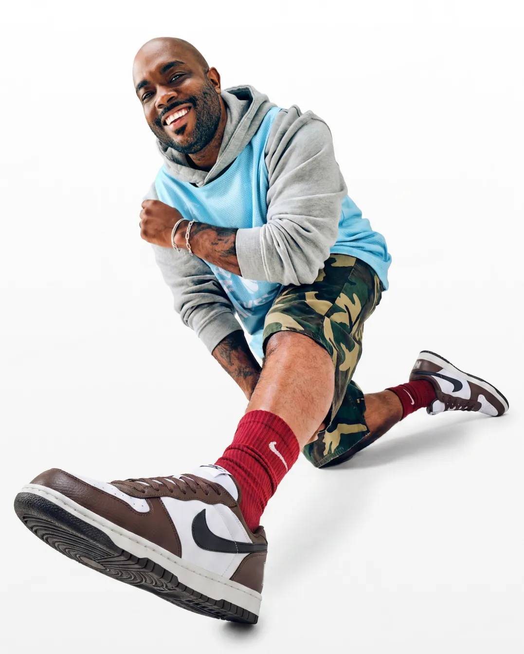 Featuring men's brown Nike sneakers.