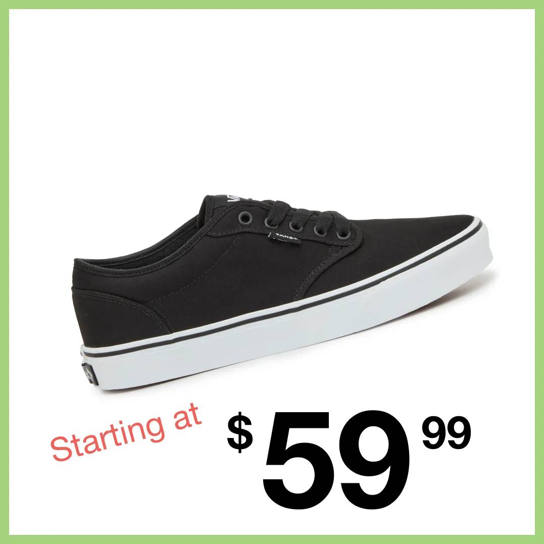 Featuring a men's black and white athletic sneaker.