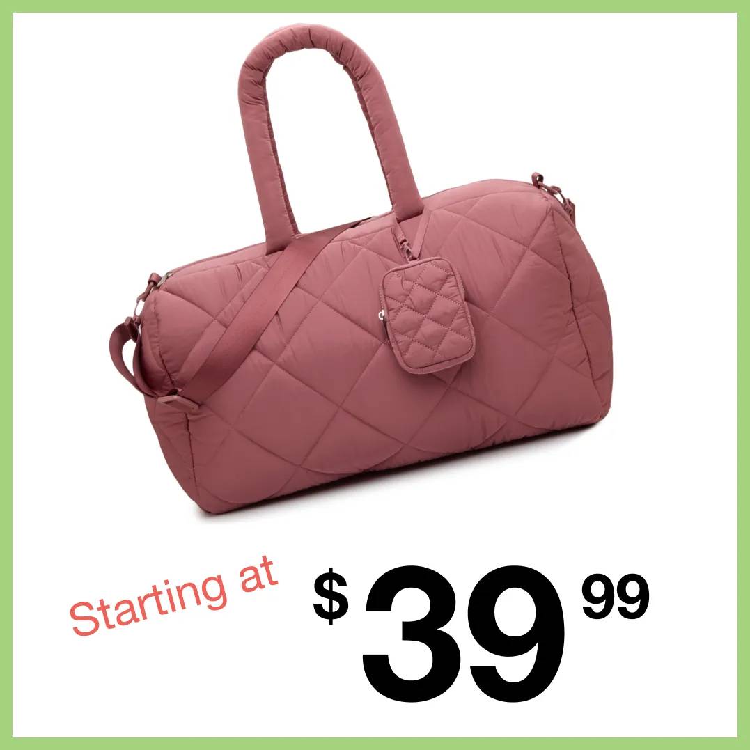 Featuring a pink duffle bag.