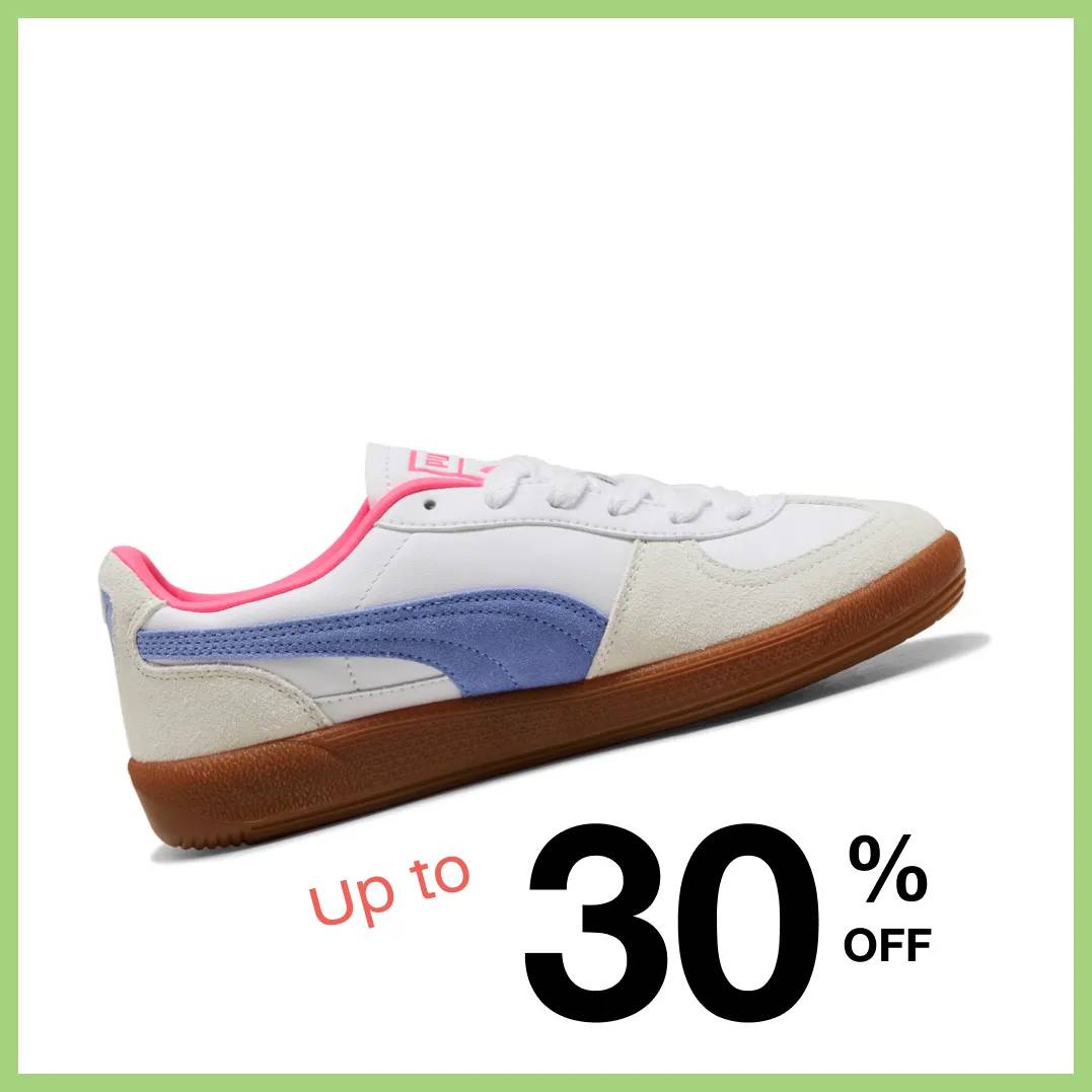 Featuring a women's white, purple and pink sneaker.