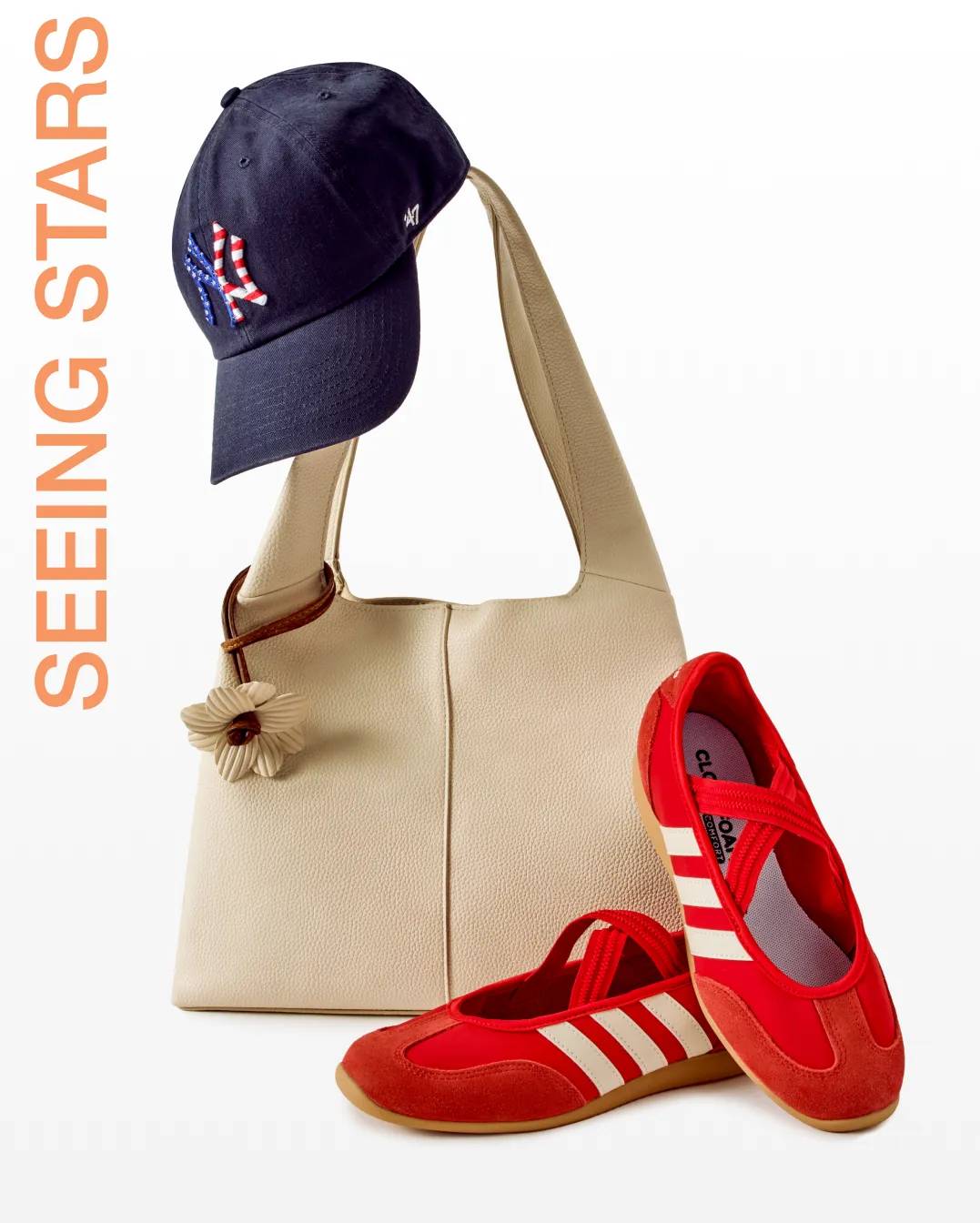 Featuring a pair of red adidas sneakers, beige handbag, and a navy blue hat.