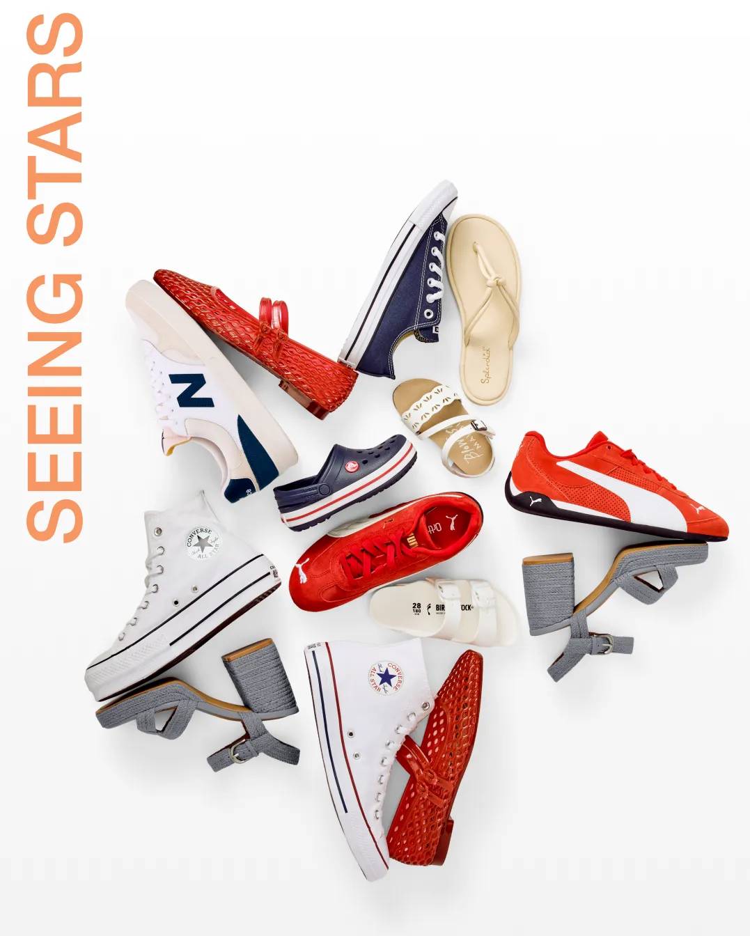 Featuring an assortment of red, white, and blue shoes in the shape of a star.