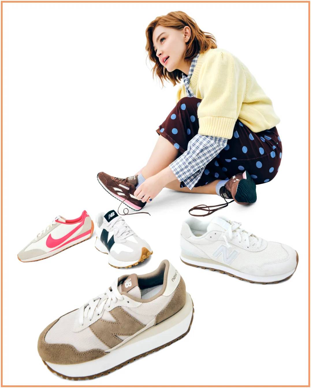 Featuring a woman surrounded by an assortment of retro sneakers.