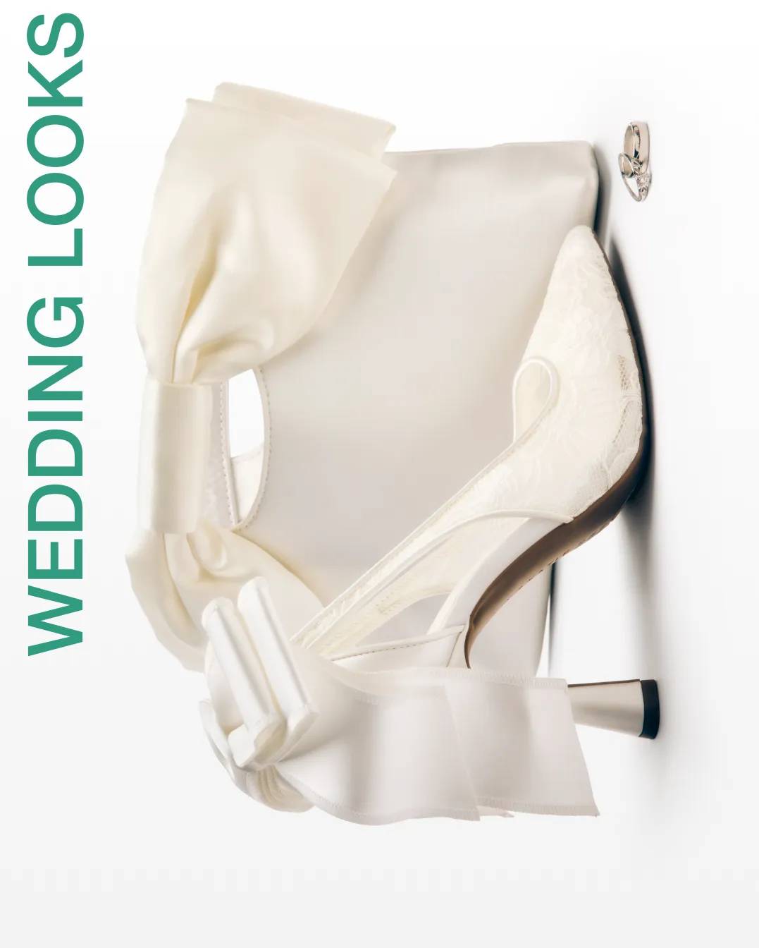 Featuring a white wedding shoe and handbag.