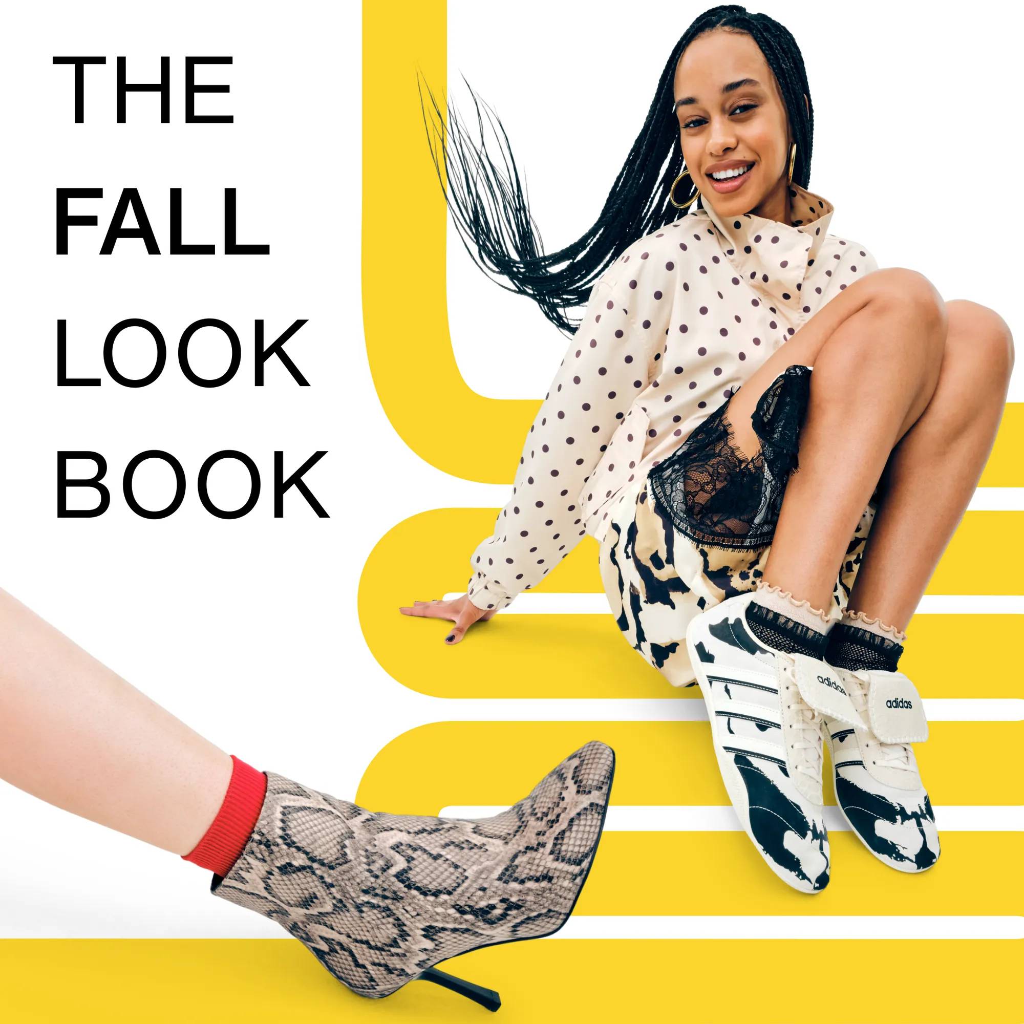 Featuring a woman wearing white and black sneakers for fall.