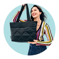 Featuring a woman holding a black tote bag.