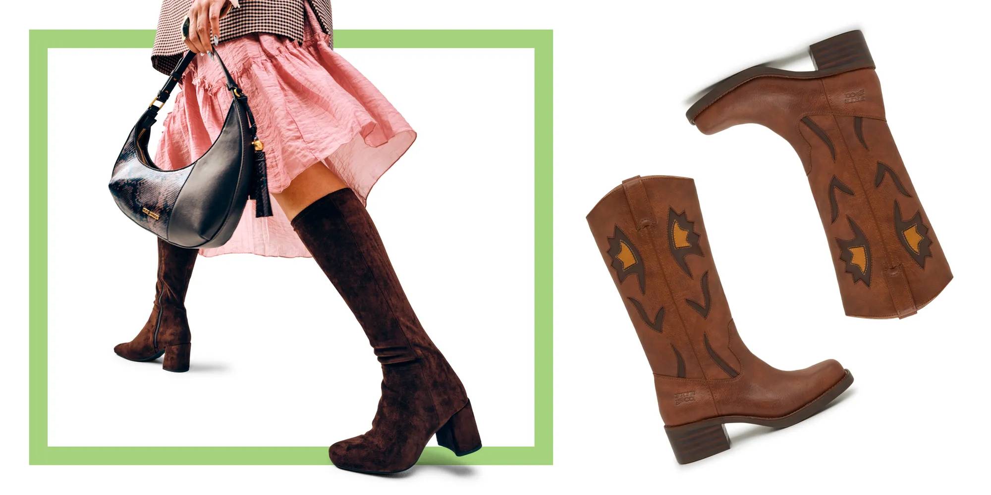 Featuring a model styling tall boots & holding a handbag.