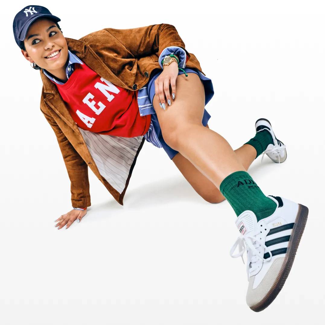 model wearing the Adidas samba indoor. Click to read all about what makes the samba special.