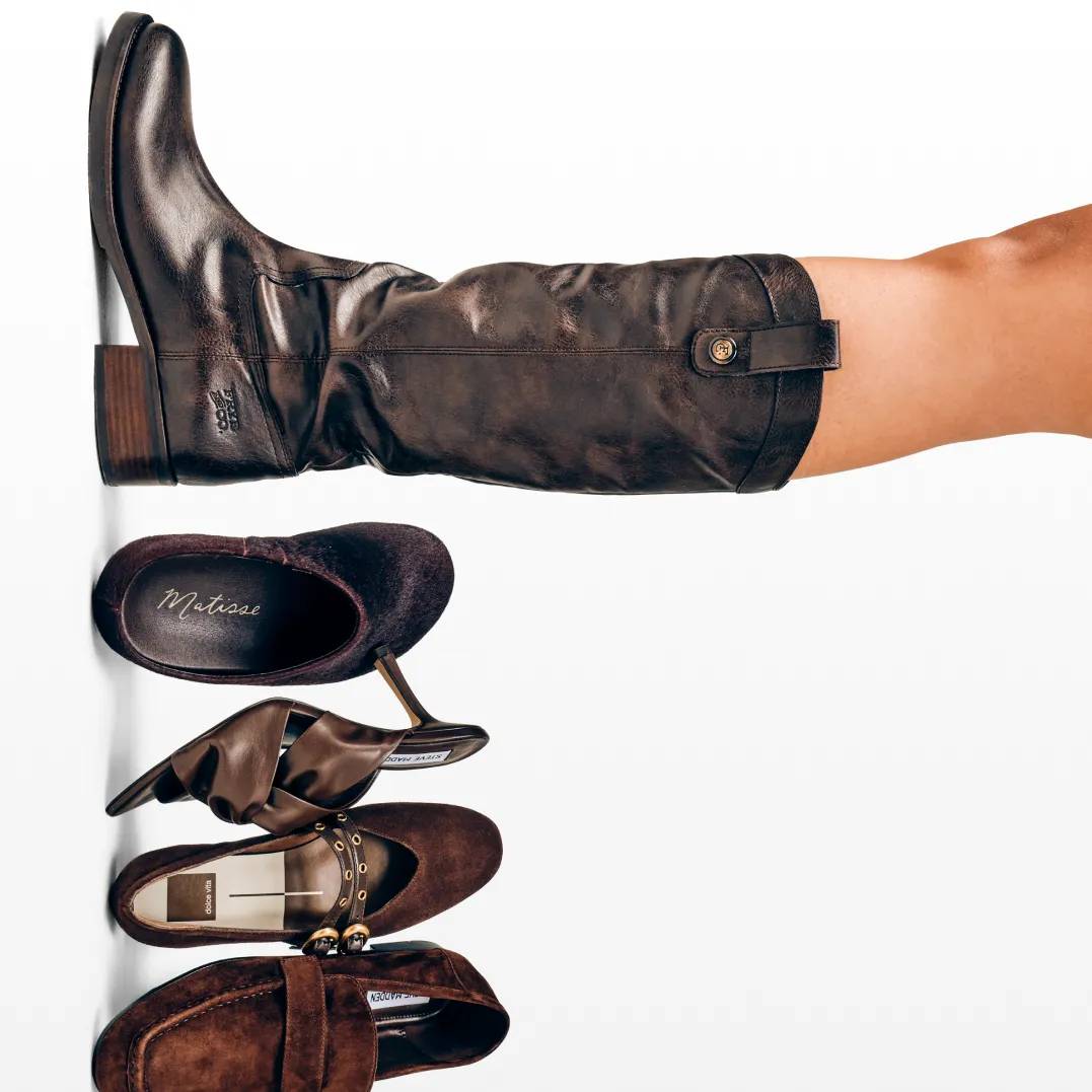 Featuring an assortment of fall boots, heels, and sneakers.