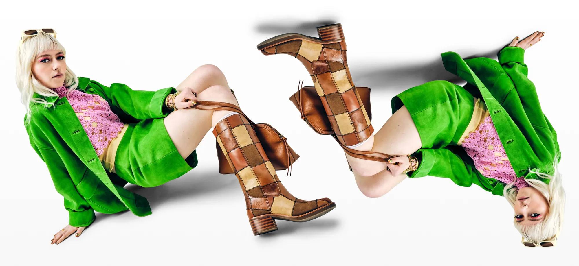 Model wearing the hottest tall boot trends for fall. Read all about what shoes you should snag before the weather cools down.