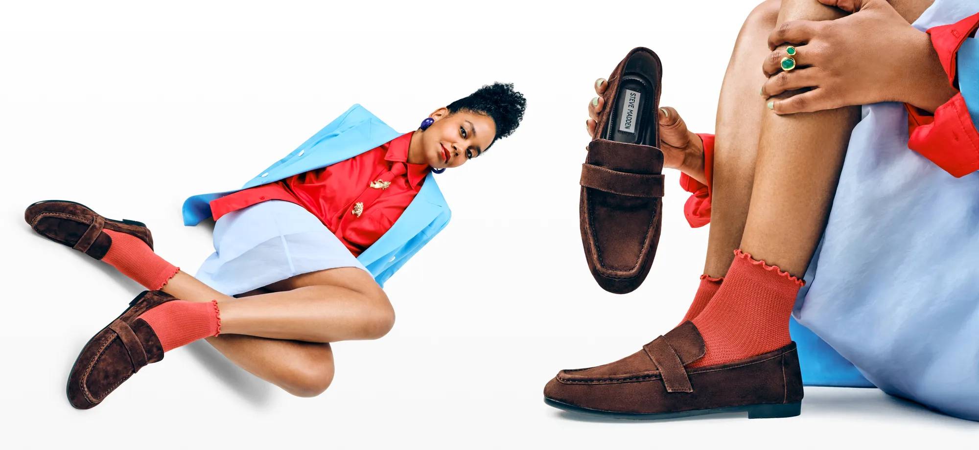Model wearing the hottest loafer trends for fall. Read all about what shoes you should snag before the weather cools down.