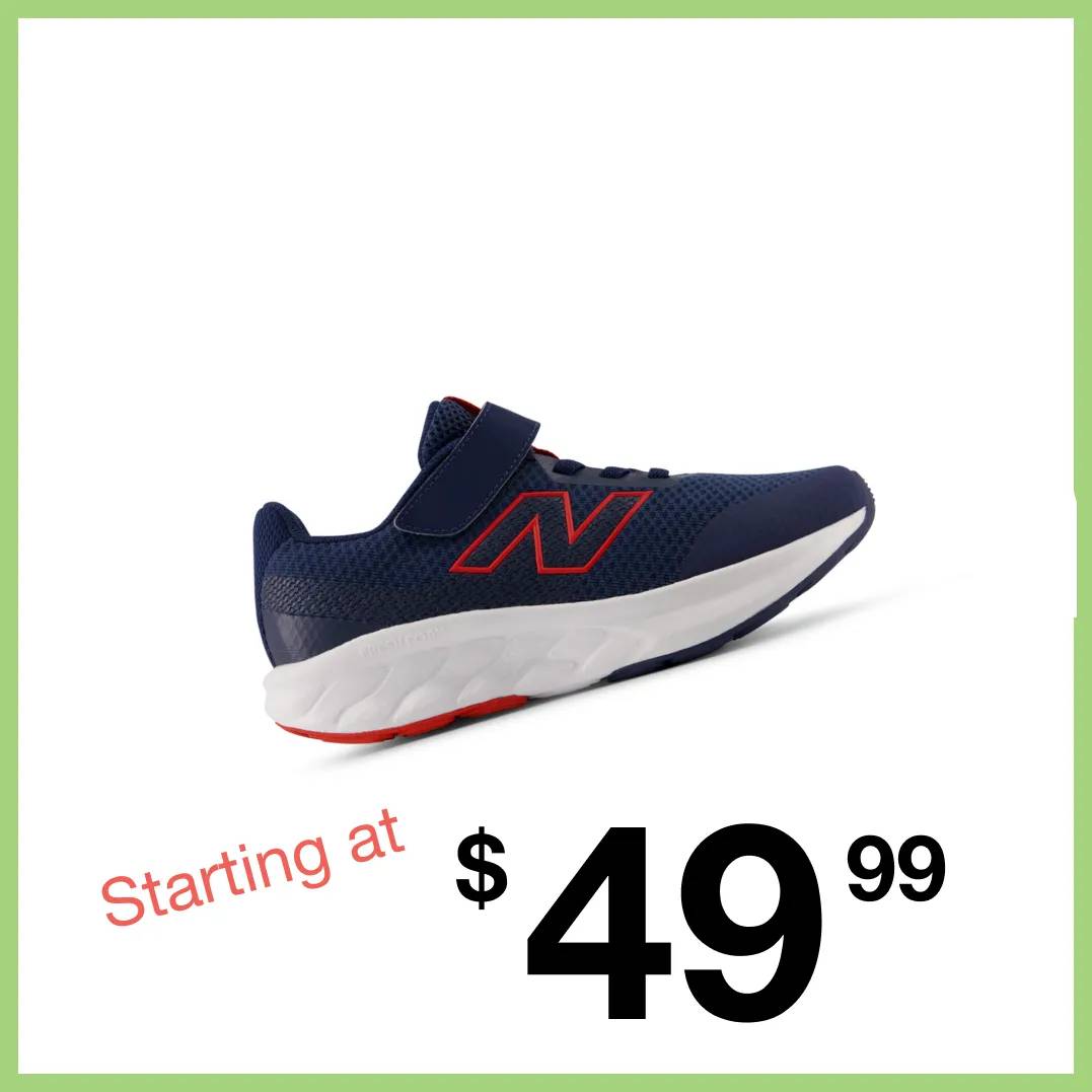 Featuring a kids' black and red New Balance sneaker.