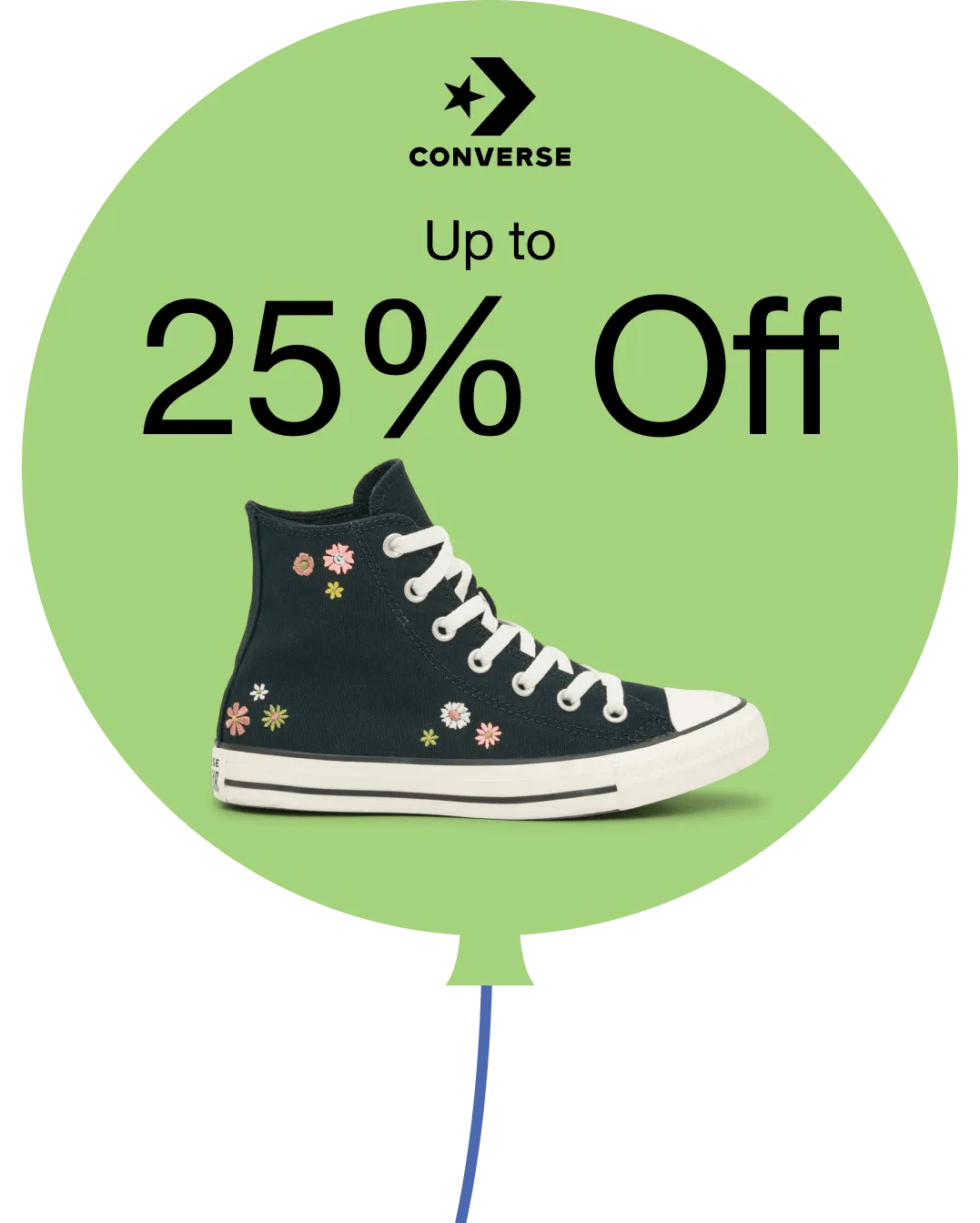 Featuring a green balloon with a Converse sneaker and the Converse logo inside.