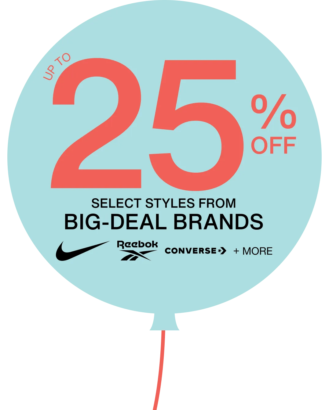 A blue ballon, with logos from the following shoe retailers: Nike, Reebok and Converse