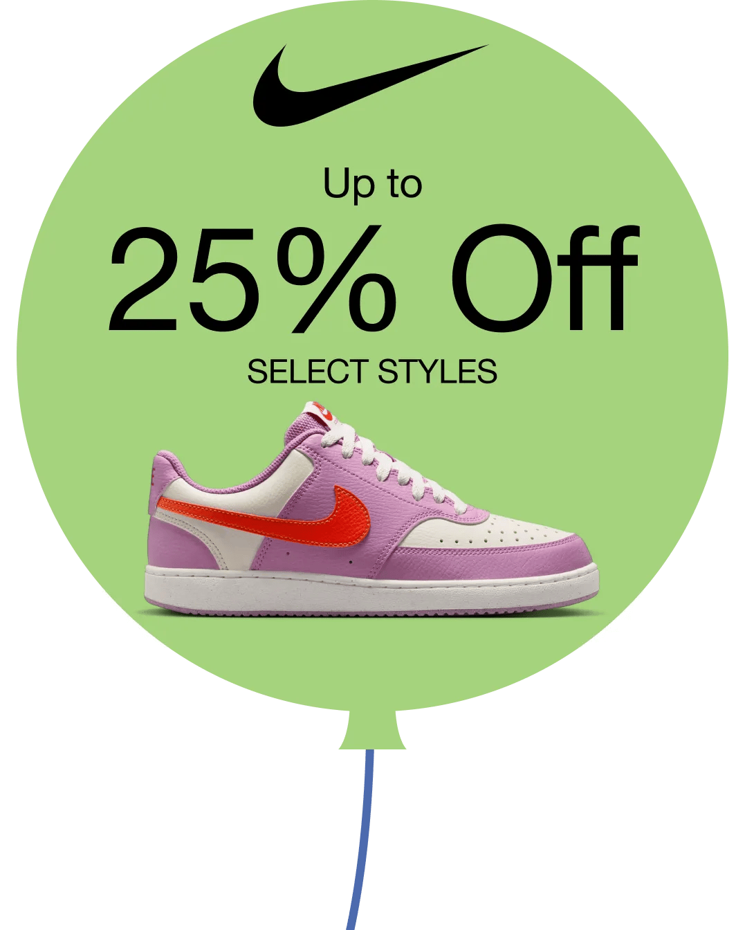 A green ballon with a pink Nike sneaker and the Nike logo inside.