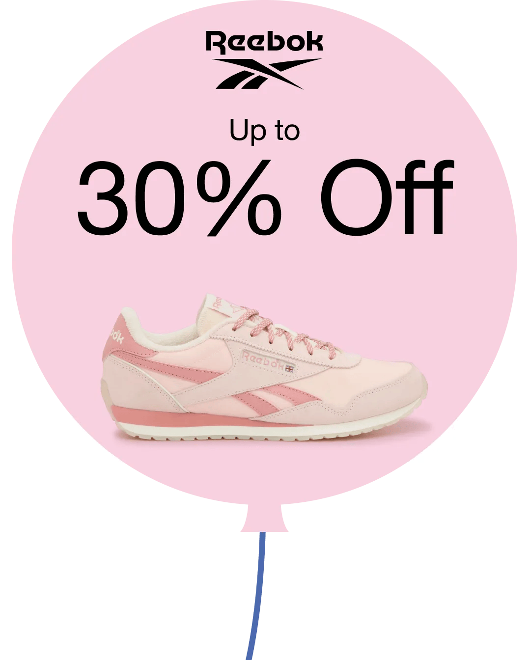 Featuring a pink balloon with a pink Reebok sneaker and the Reebok logo inside.