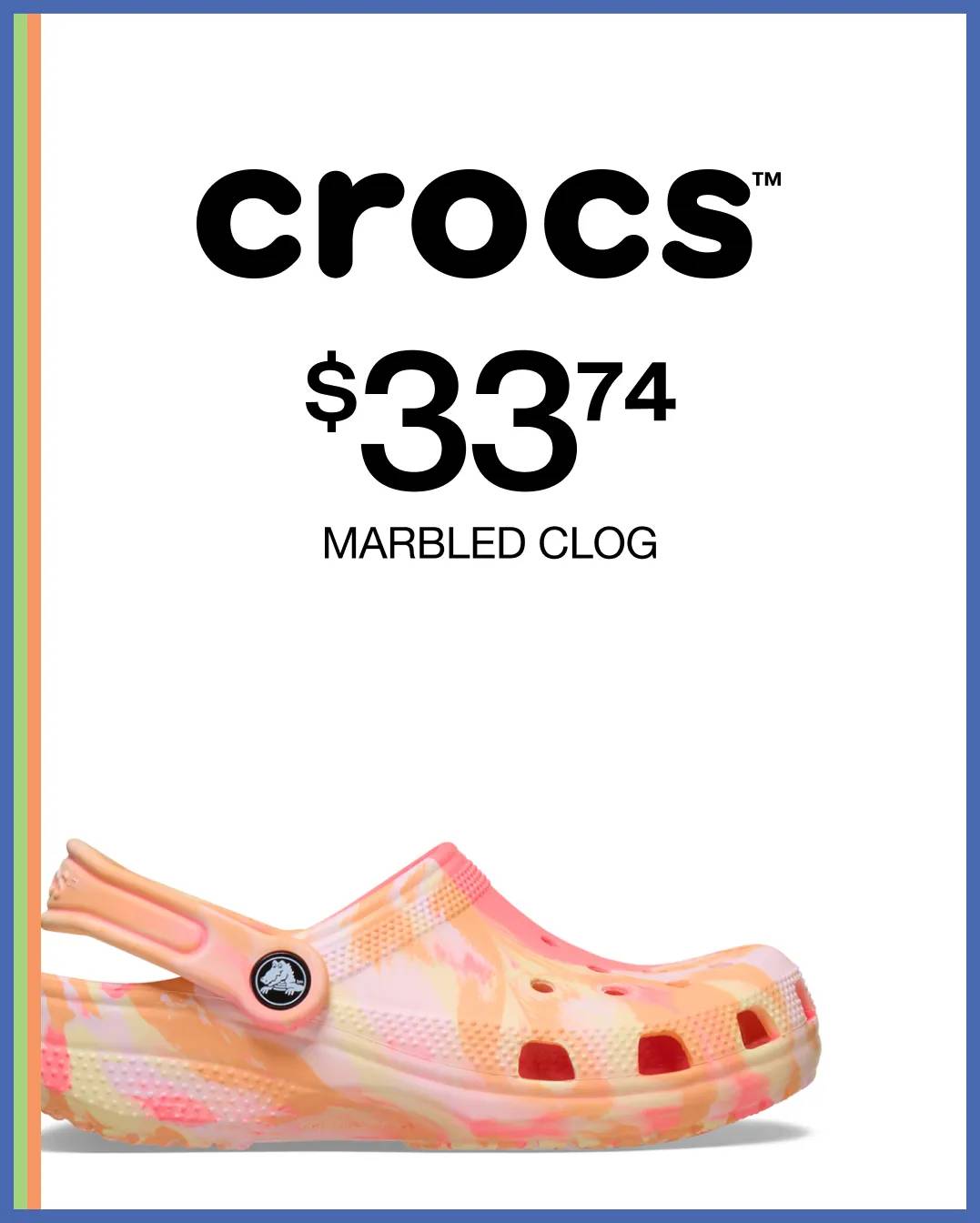 Featuring a kids' pink marbled clog from Crocs.