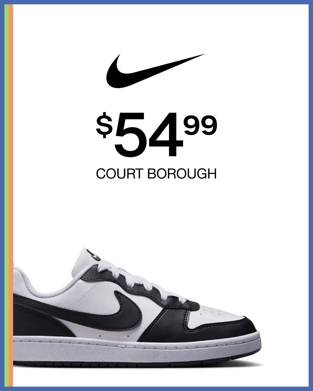 Featuring a black and white kids' Nike sneaker.