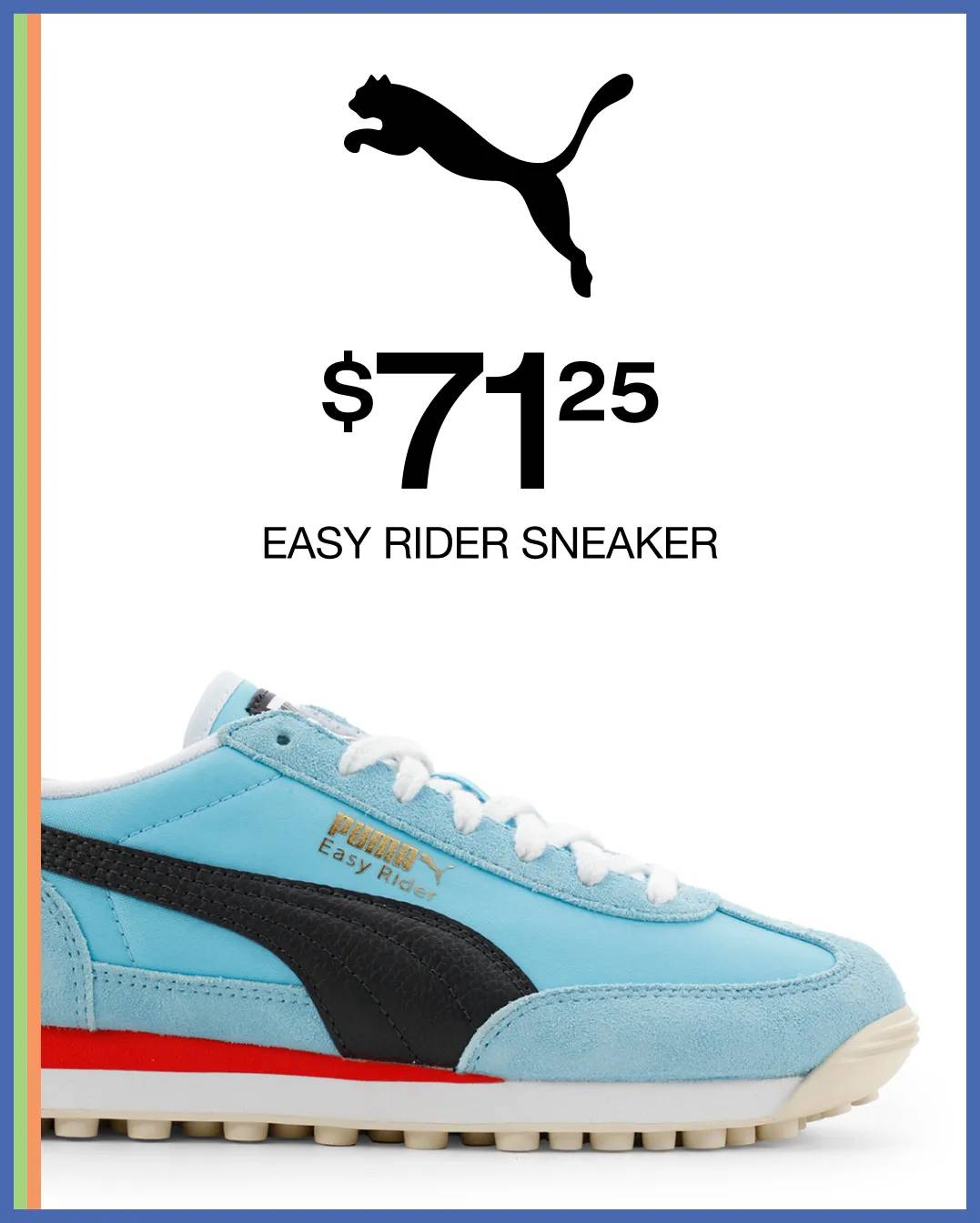 Featuring a blue and red PUMA sneaker.