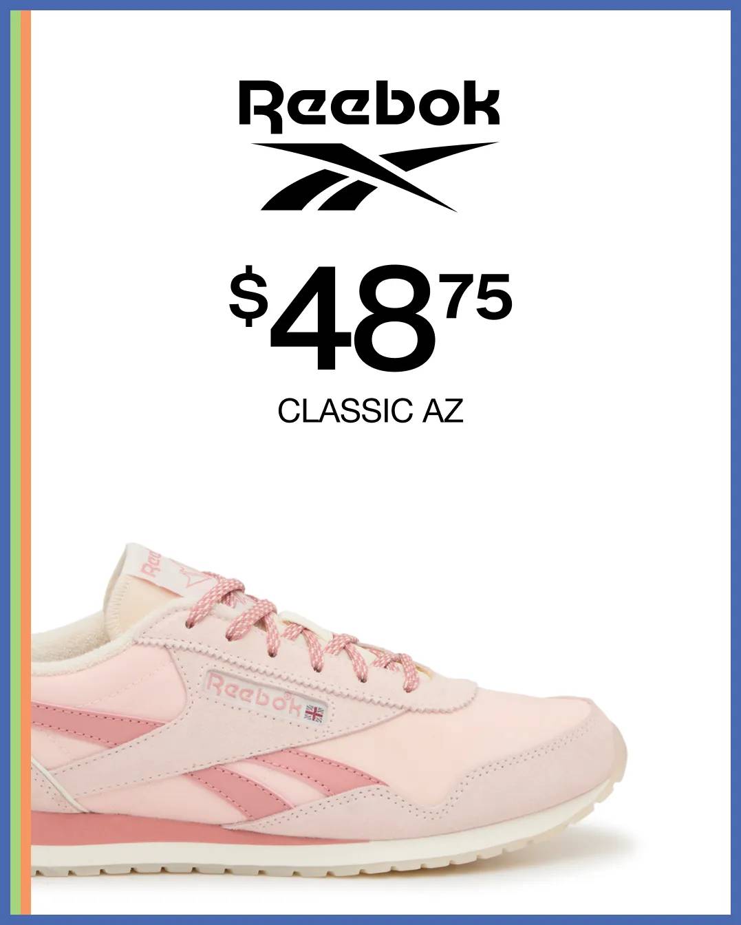 Featuring a pink Reebok sneaker.