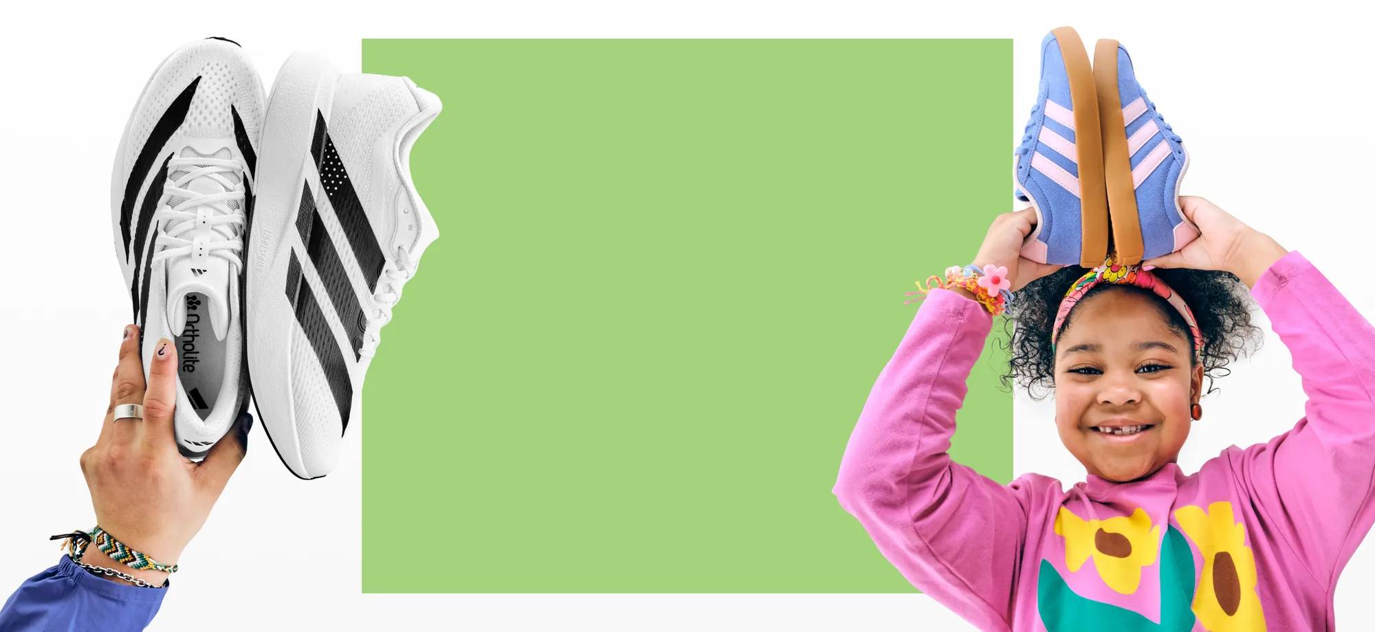 Featuring a young girls with a pair of purple and pink adidas court sneakers.