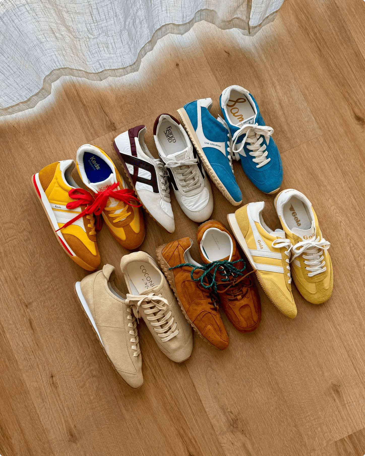 Featuring an assortment of colorful sneakers.