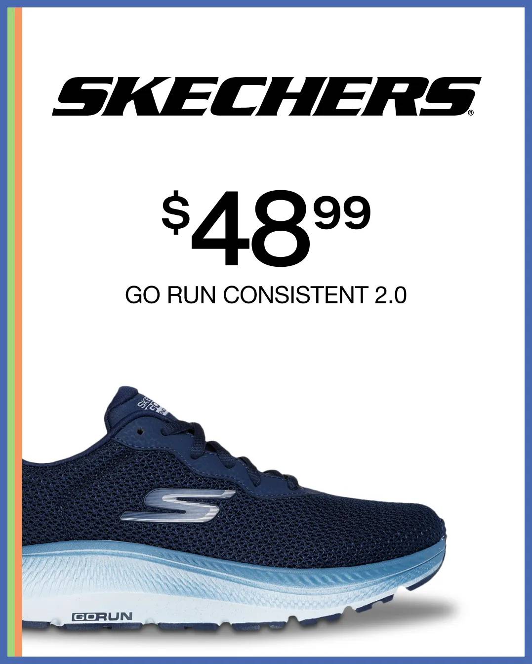 Featuring a black and blue women's Skechers sneaker.