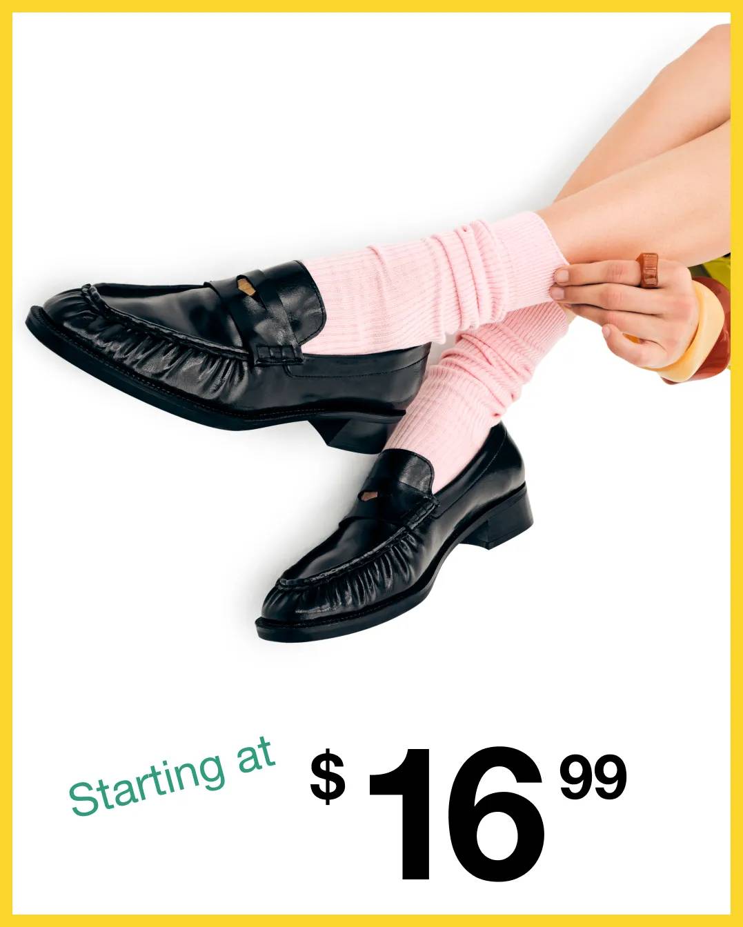 Featuring a pair of pink socks in loafers.