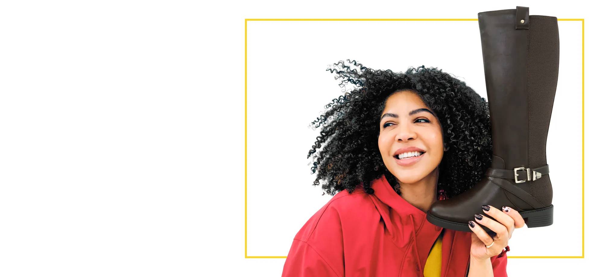 Featuring a woman holding a knee high boot.