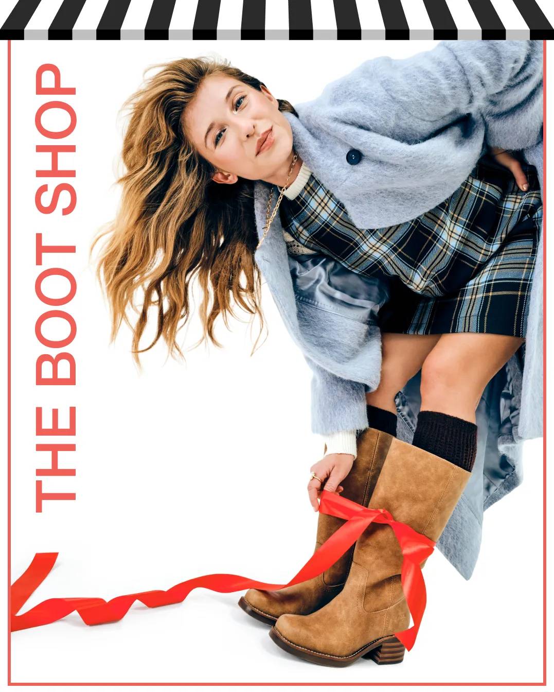 Featuring a woman wearing tall brown boots.