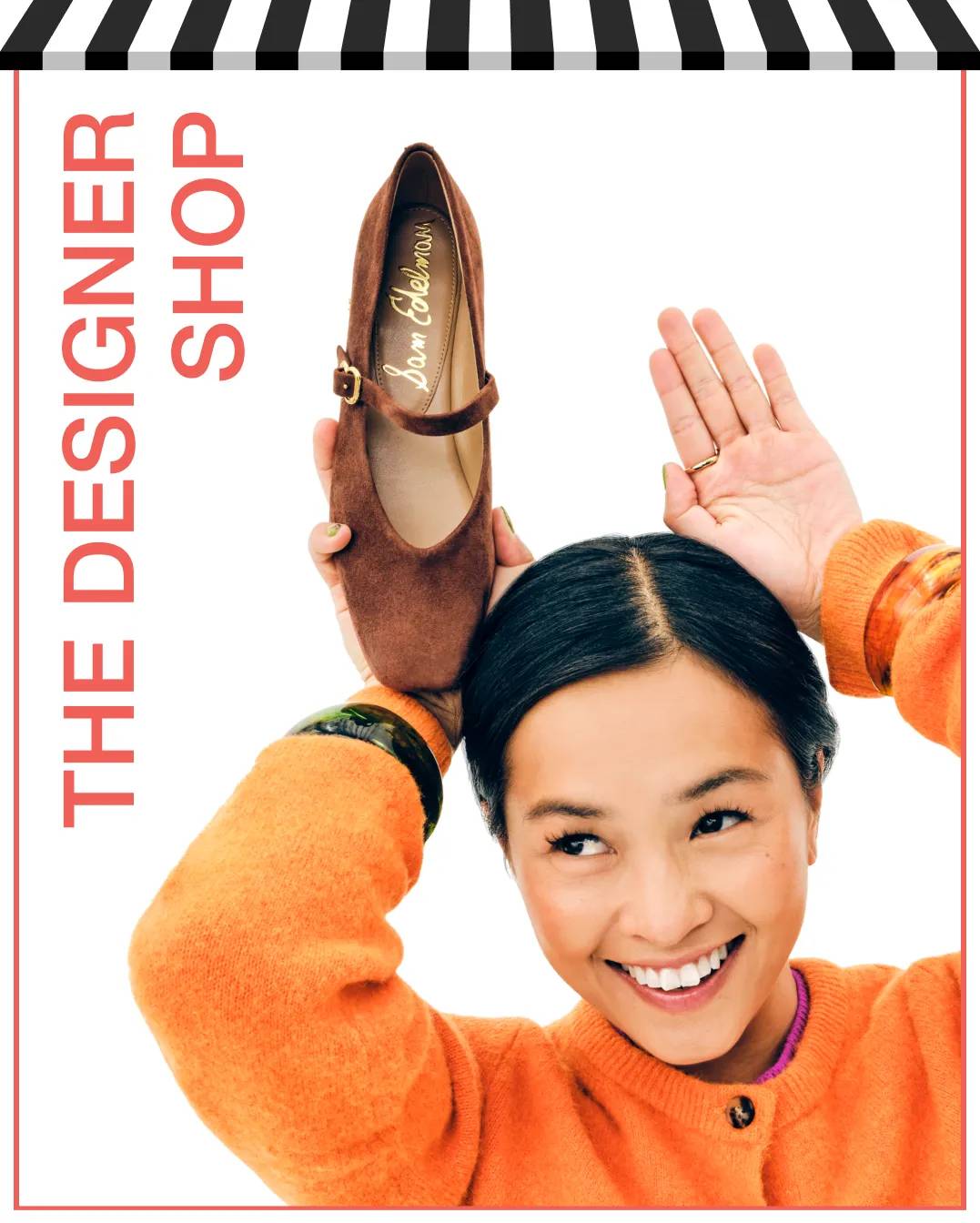 Featuring a woman holding a pair of luxury suede mary janes.