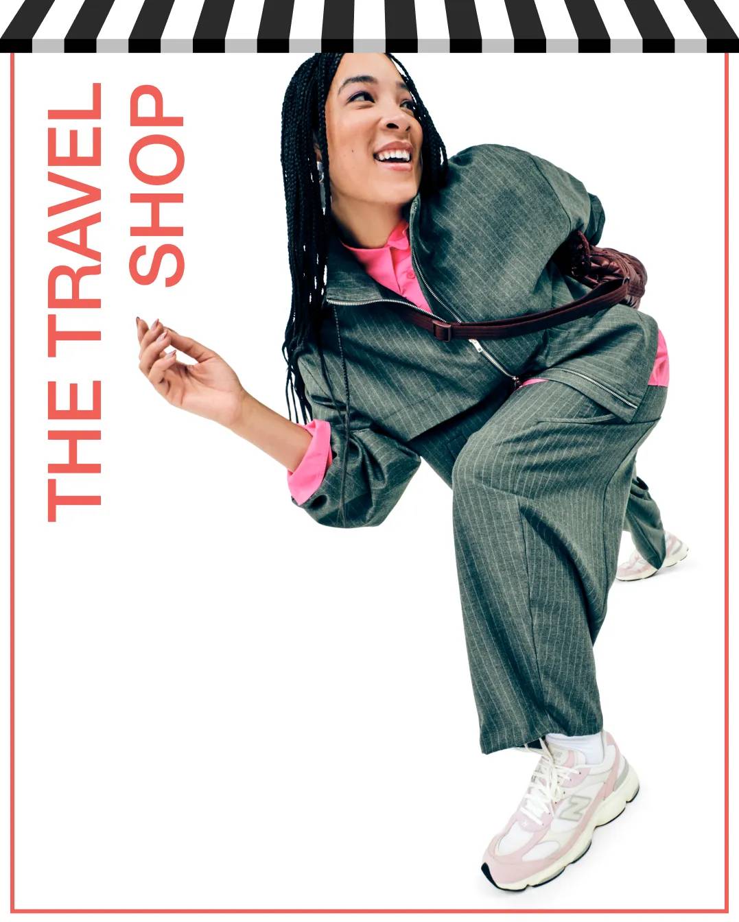Featuring a woman wearing a sneaker for traveling.