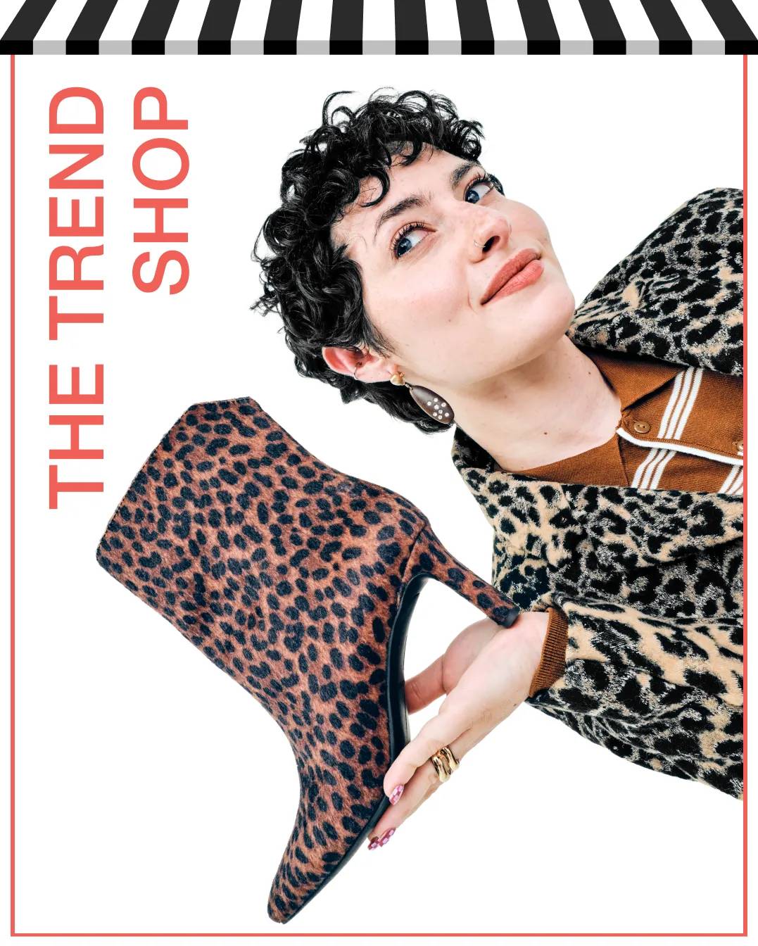 Featuring a woman holding an animal print bootie.
