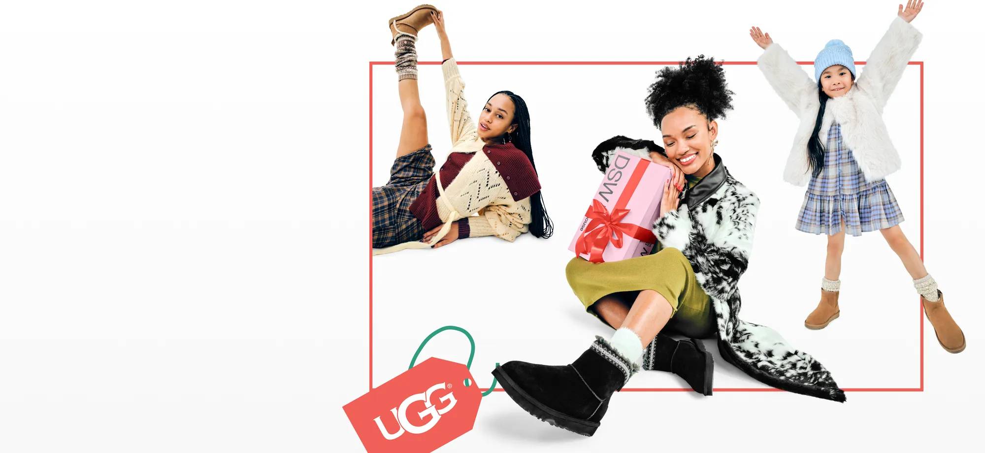 Featuring three models of a range of ages wearing UGGs and holding shoeboxes from DSW.