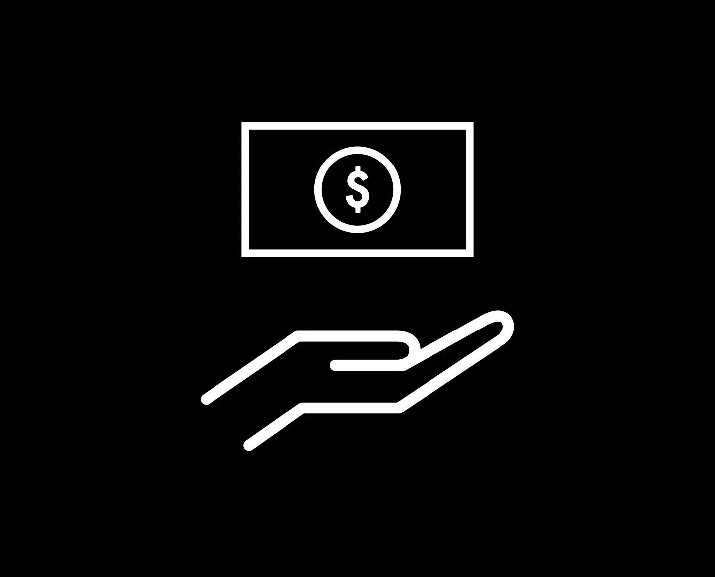 Featuring a hand icon with a dollar bill above it.