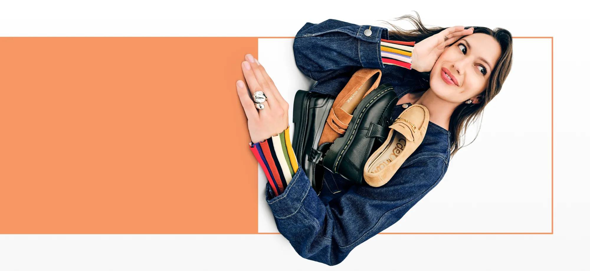 Featuring a woman with an assortment of loafers.
